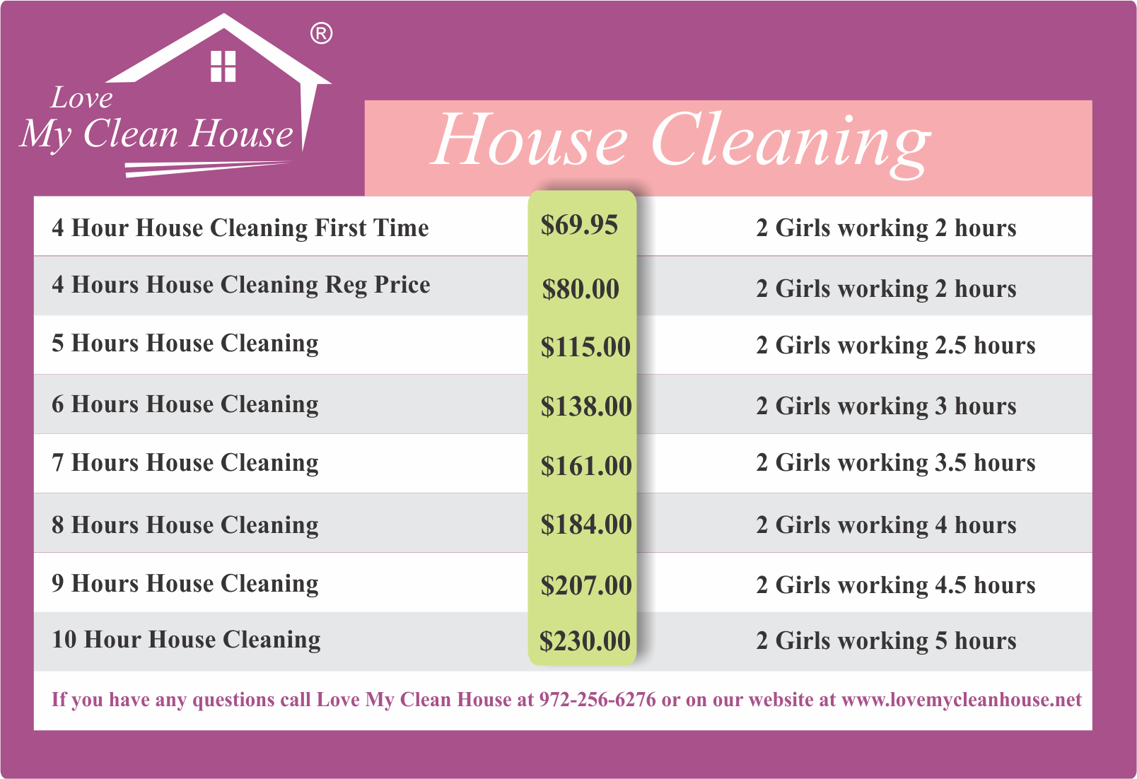 House Cleaning Price List
